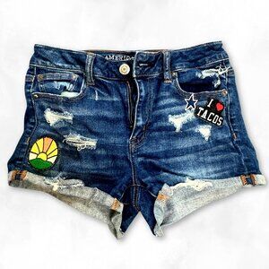 American Eagle Outfitters Sz 4 Distressed Denim Shorts — I ❤️ Tacos Patches 🌞🌮
